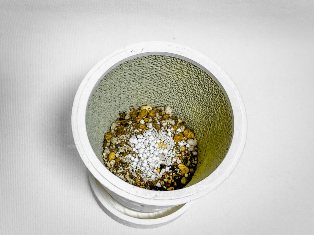 殺虫剤と緩効性肥料を撒く