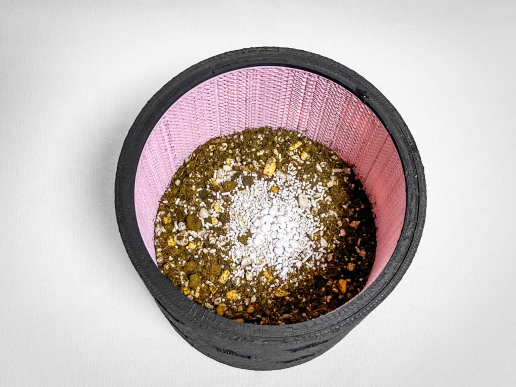 殺虫剤と緩効性肥料を撒く