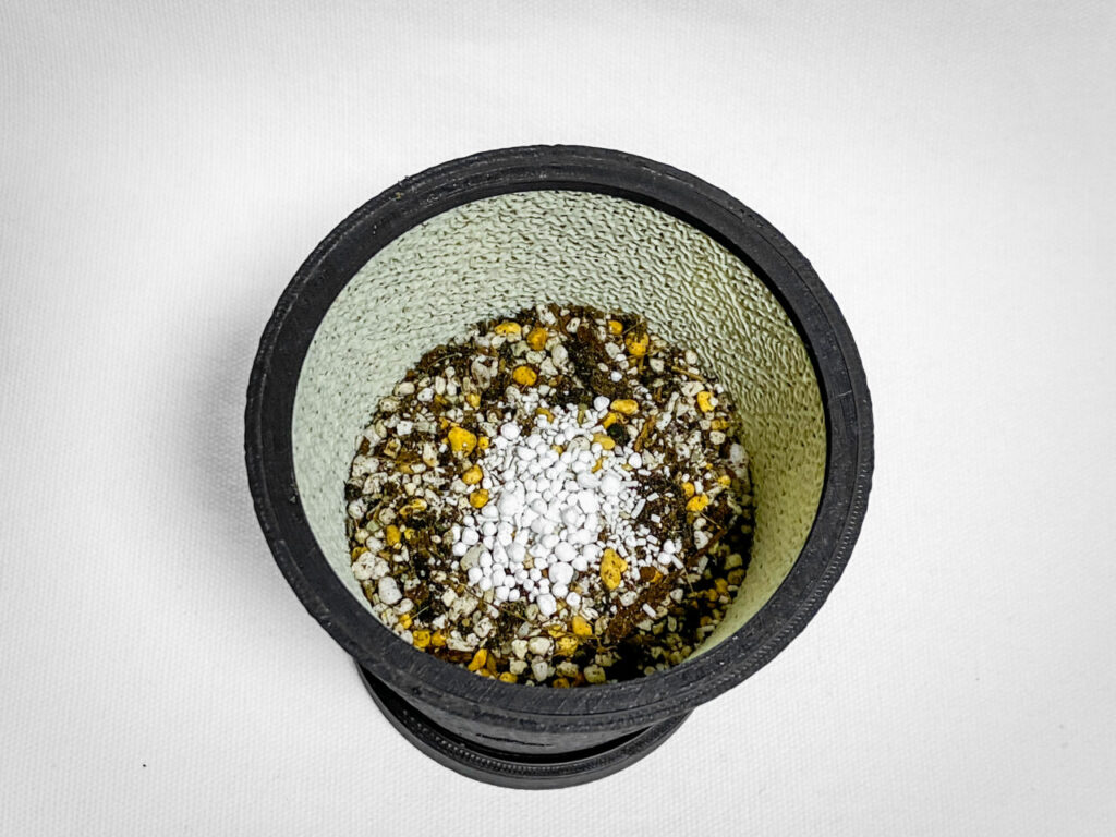 殺虫剤と緩効性肥料を撒く